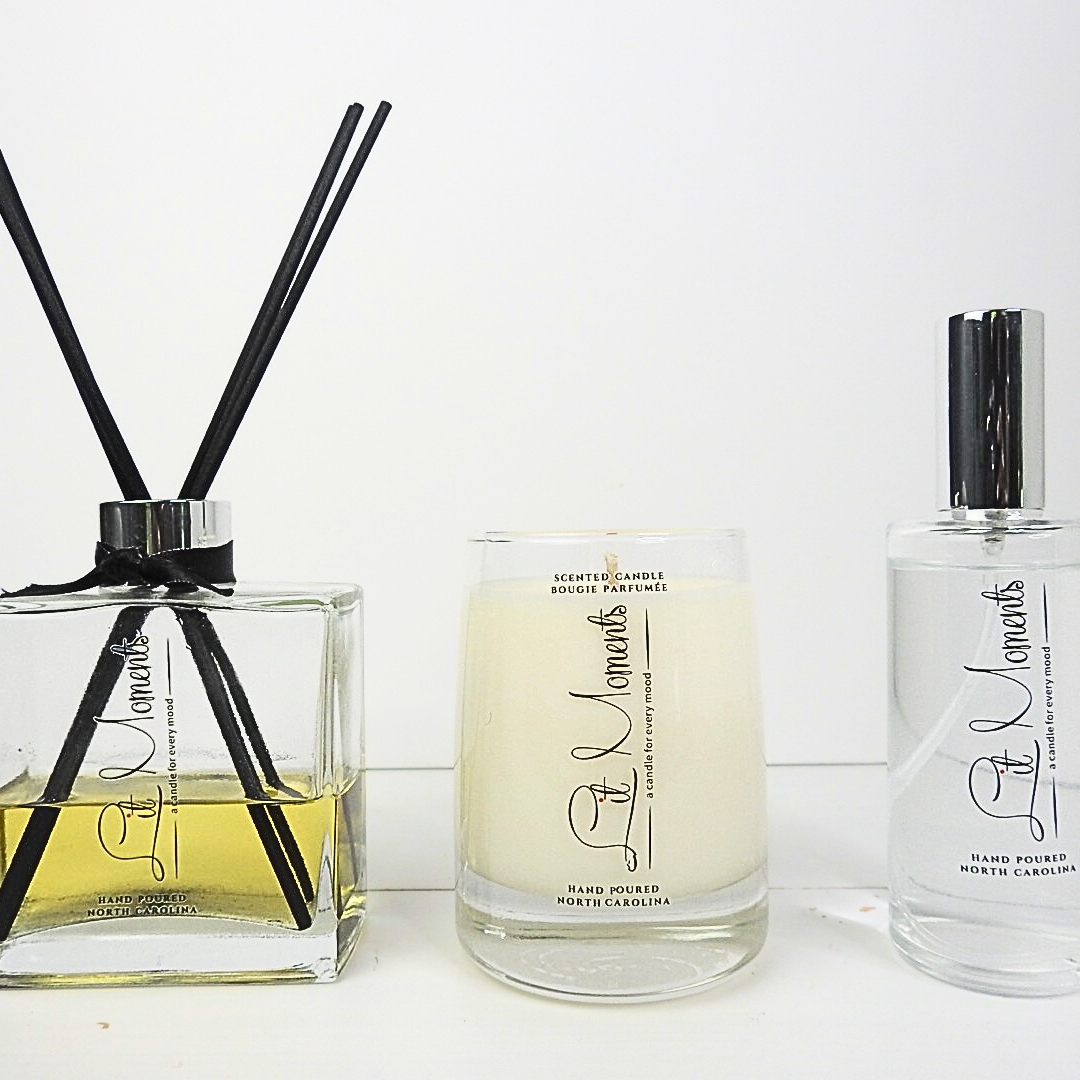 Lit Moments Candle Company Bundle: Featuring a luxurious hand-poured candle, a sleek reed diffuser, and a refreshing room mist – the perfect trio for creating a warm and inviting atmosphere.