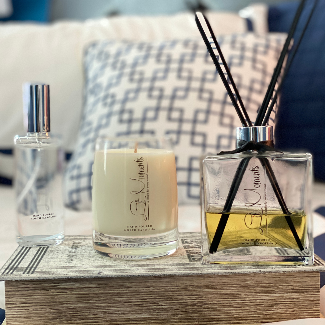 Lit Moments Candle Company Bundle: Featuring a luxurious hand-poured candle, a sleek reed diffuser, and a refreshing room mist – the perfect trio for creating a warm and inviting atmosphere.