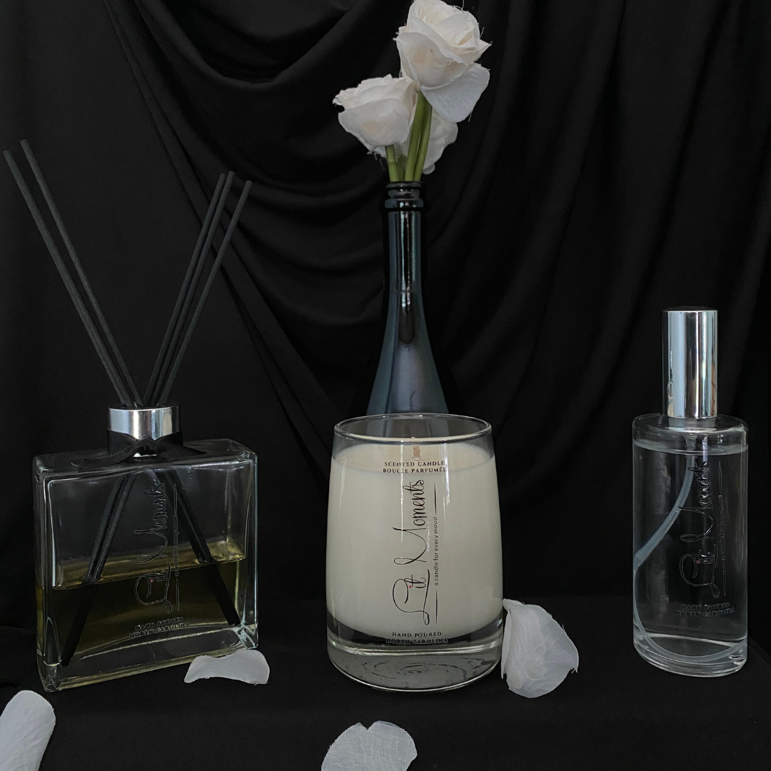 Lit Moments Candle Company Bundle: Featuring a luxurious hand-poured candle, a sleek reed diffuser, and a refreshing room mist – the perfect trio for creating a warm and inviting atmosphere.